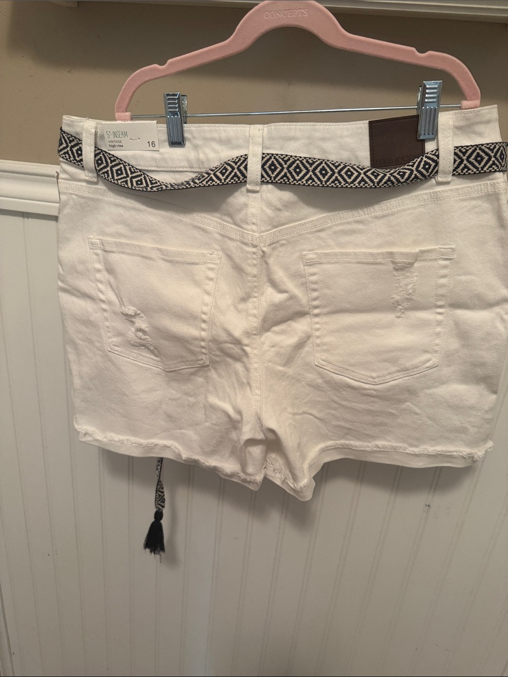 Maurices Cream Denim Shorts with Black Patterned Waist Tie - Picture 5 of 9
